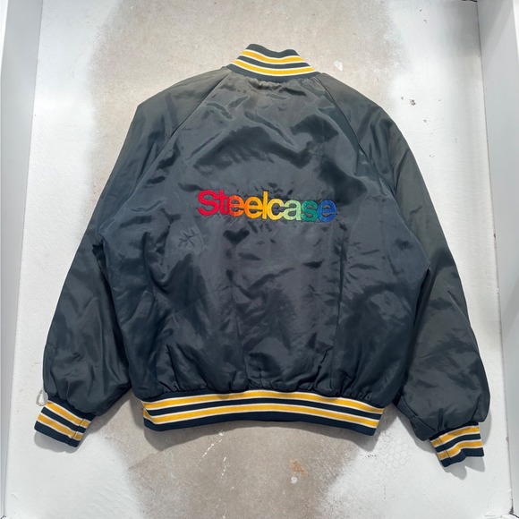 Westark Other - Vintage Westark Steelcase Satin Bomber Jacket Mens XL Navy Blue Rainbow Logo USA